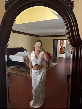 Forever 21 White Striped Linen-Blend Crop Top  & Maxi Skirt Set. Top is a size S